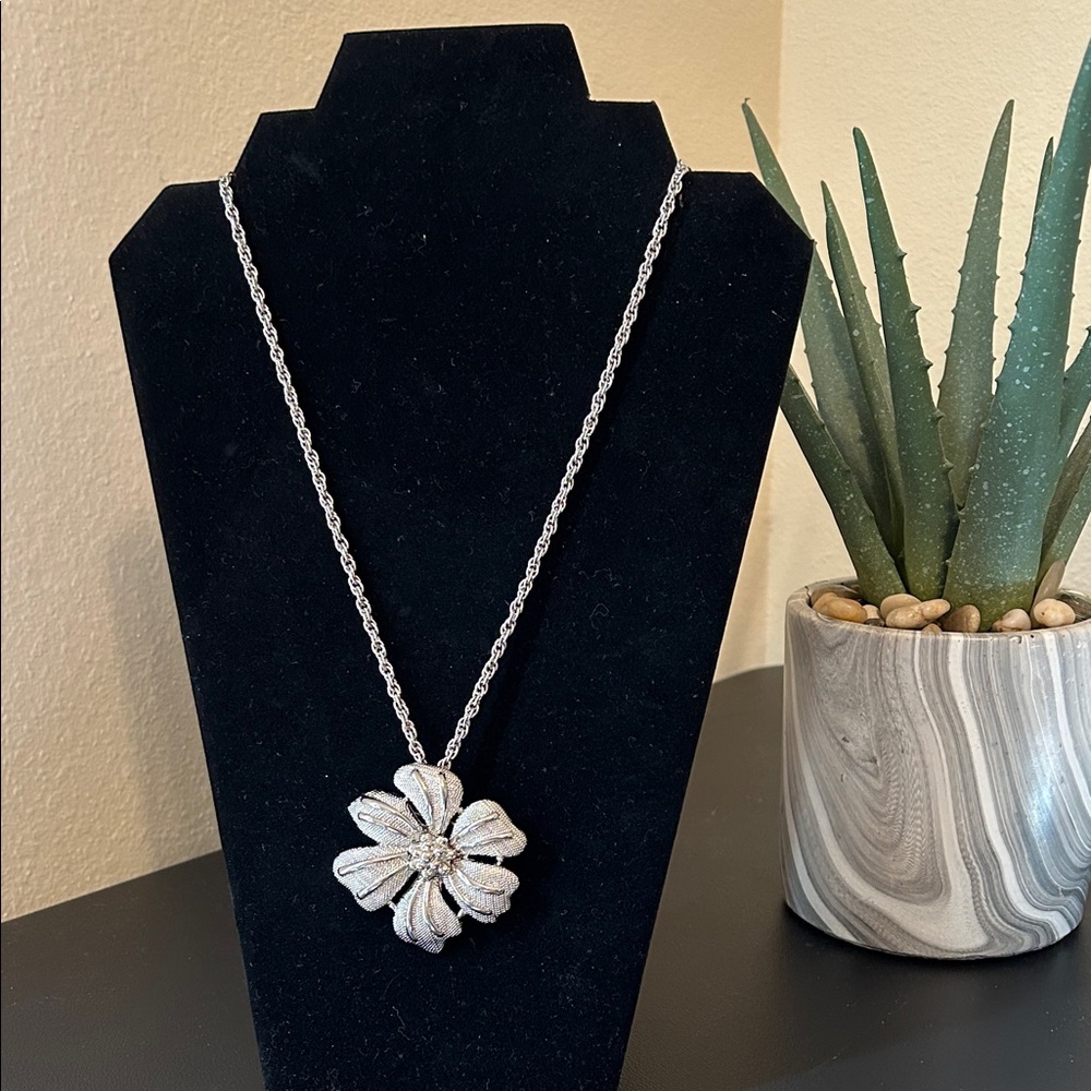 Silver Flower Pendant Necklace and Brooch.